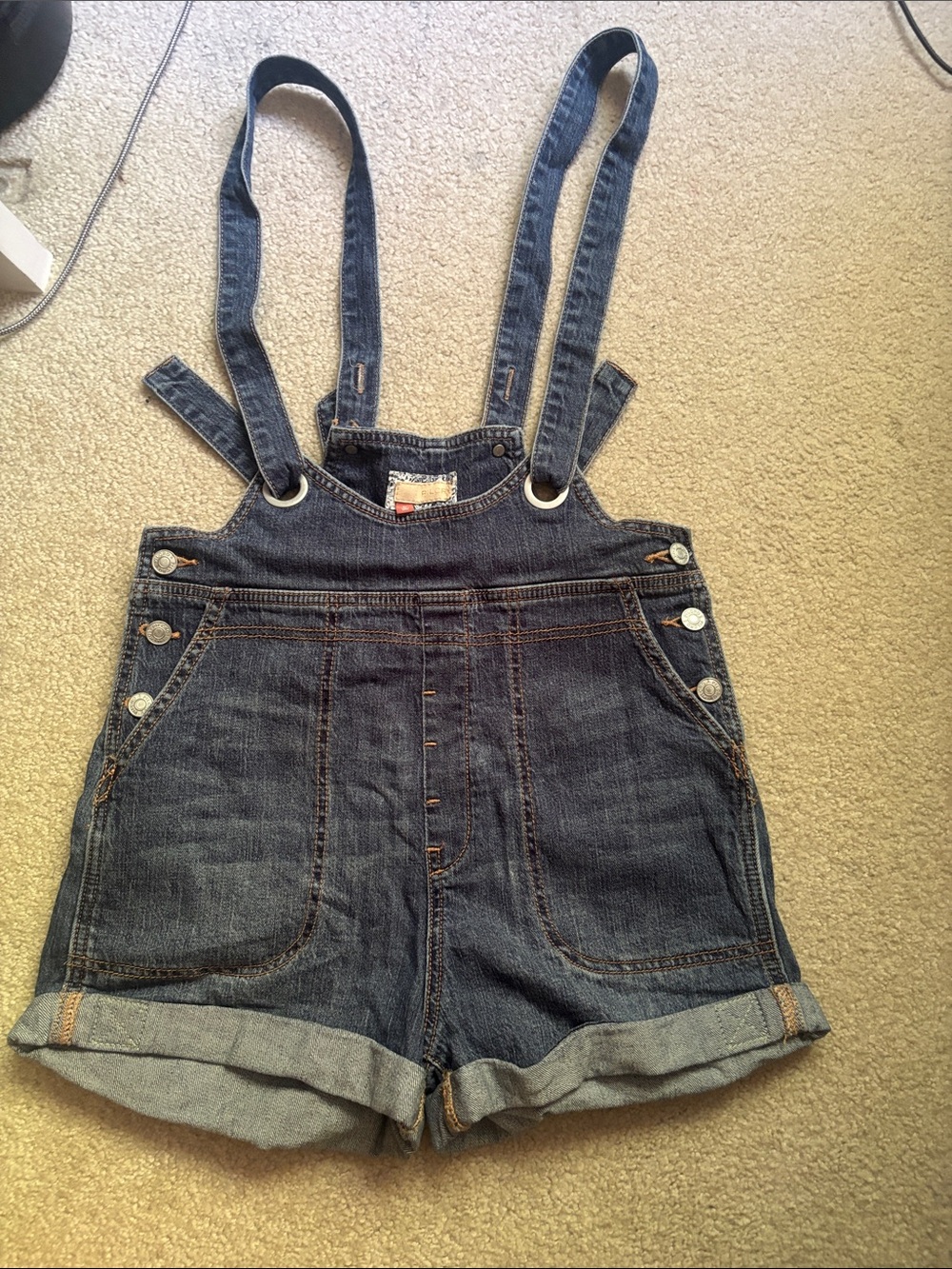 Pilcro Dark Indigo Denim Short Overalls with Rolled Cuffs